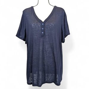 Lane Bryant Shirt Women's 22 / 24 Navy Blue Sheer Henley V-Neck Top
